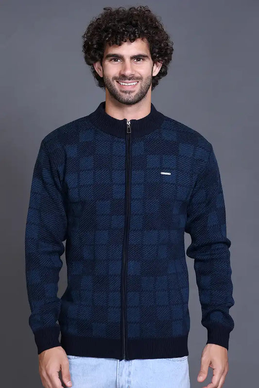 Navy Woolen Mens Zip Sweater Full Sleeve
