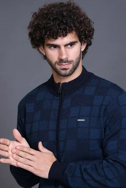 Navy Woolen Mens Zip Sweater Full Sleeve