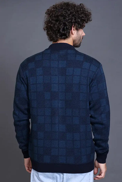 Navy Woolen Mens Zip Sweater Full Sleeve