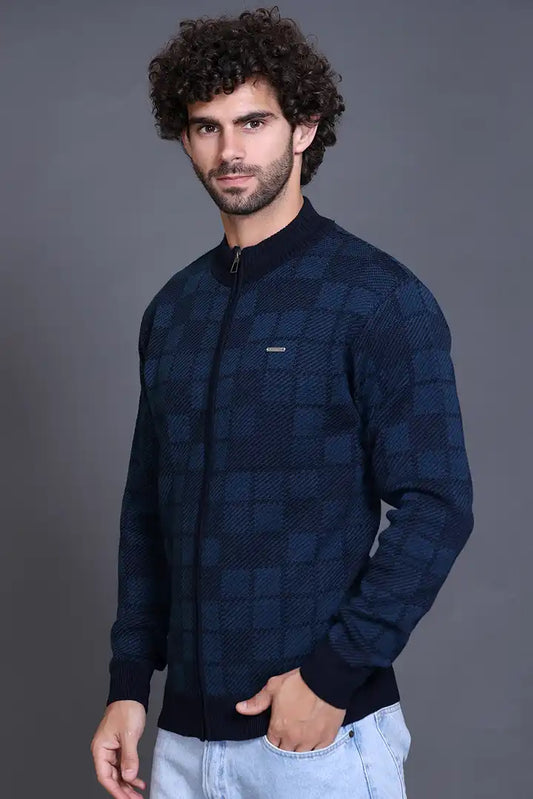 Navy Woolen Mens Zip Sweater Full Sleeve