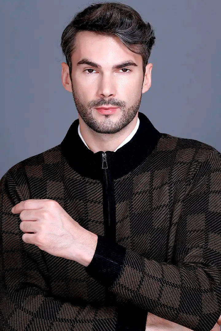 Black Brown Woolen Mens Zip Sweater Full Sleeve
