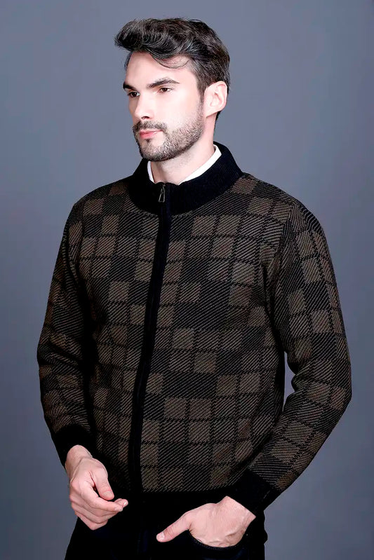 Black Brown Woolen Mens Zip Sweater Full Sleeve