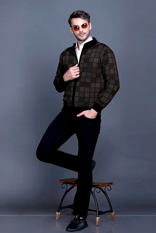 Black Brown Woolen Mens Zip Sweater Full Sleeve