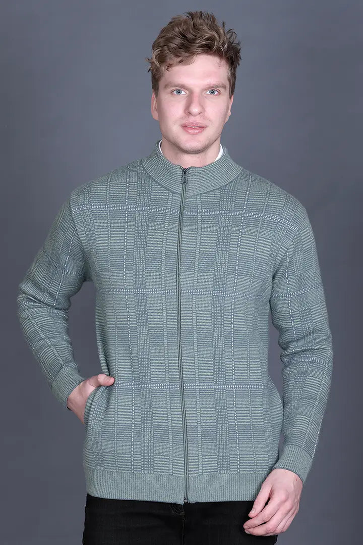 Olive Green Woolen Mens Zip Sweater Full Sleeve
