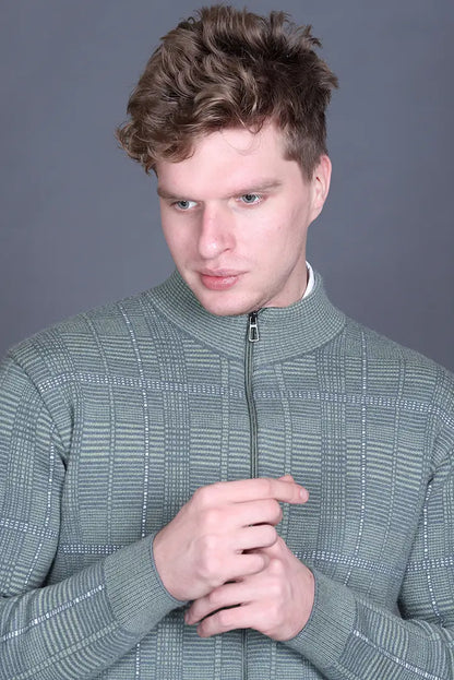 Olive Green Woolen Mens Zip Sweater Full Sleeve