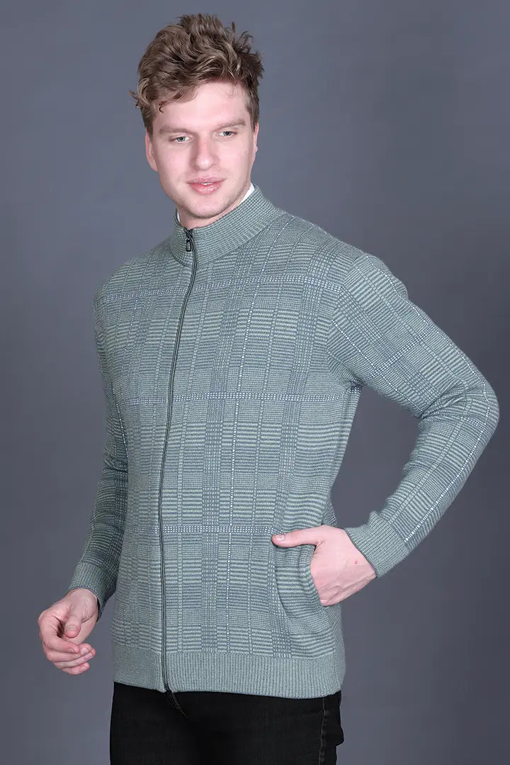 Olive Green Woolen Mens Zip Sweater Full Sleeve