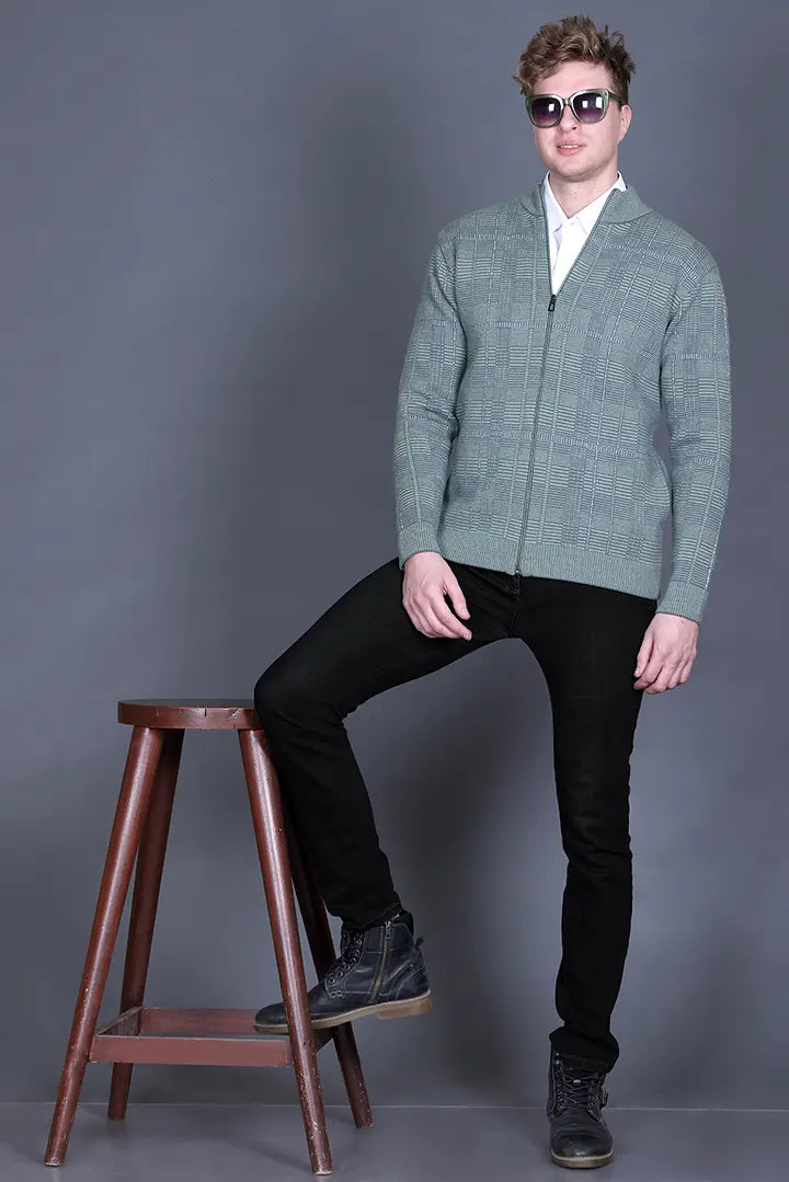 Olive Green Woolen Mens Zip Sweater Full Sleeve