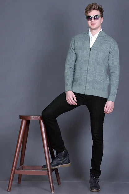 Olive Green Woolen Mens Zip Sweater Full Sleeve