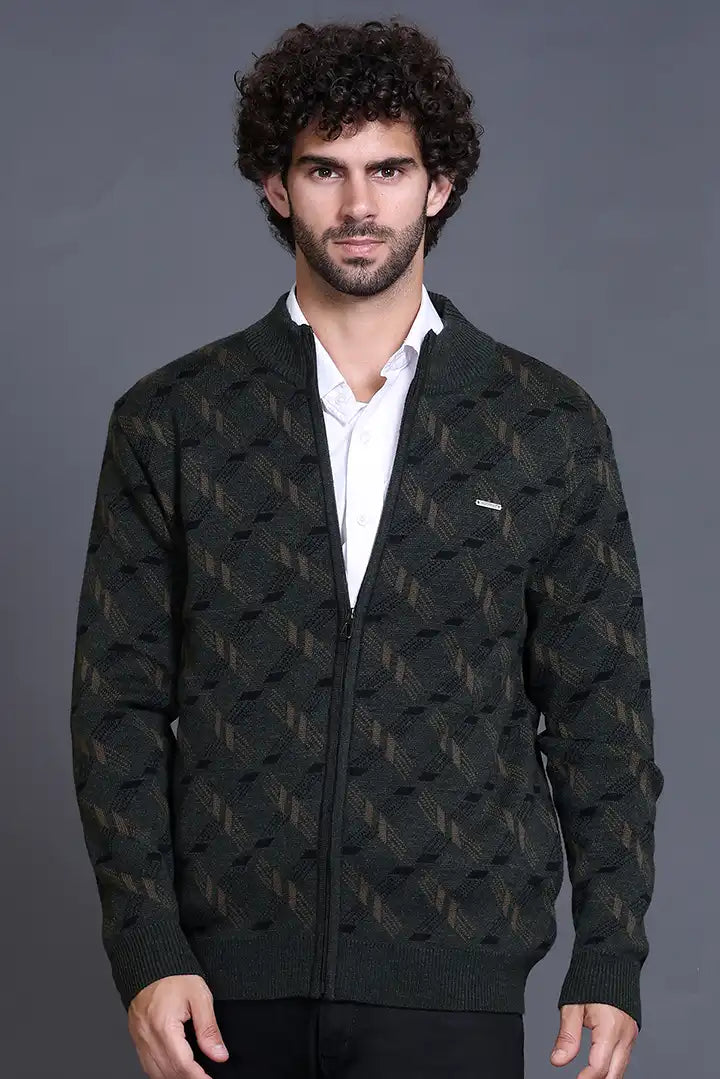 Olive Woolen Mens Zip Sweater Full Sleeve