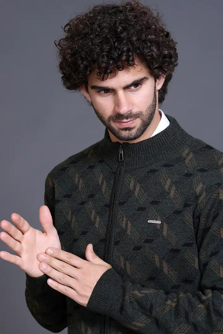 Olive Woolen Mens Zip Sweater Full Sleeve