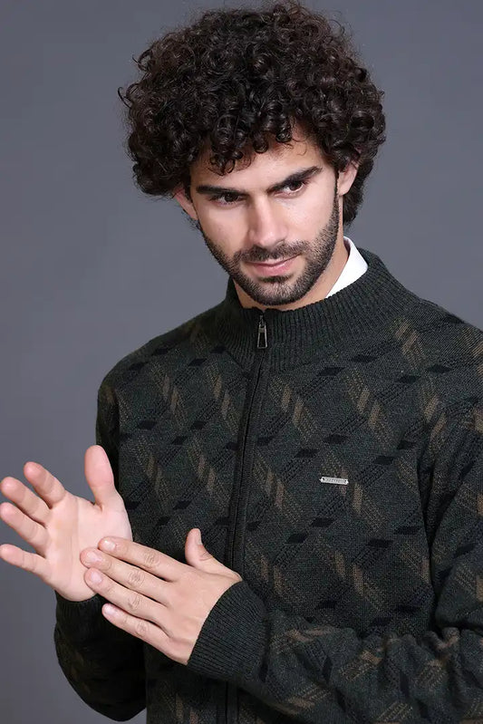 Olive Woolen Mens Zip Sweater Full Sleeve
