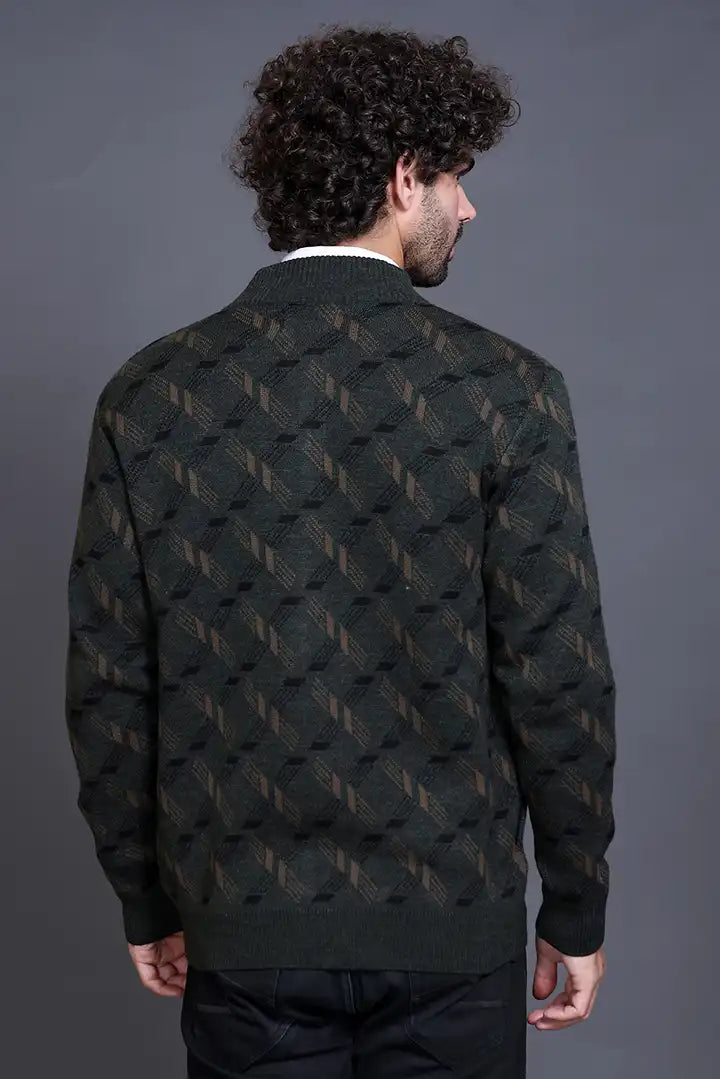 Olive Woolen Mens Zip Sweater Full Sleeve