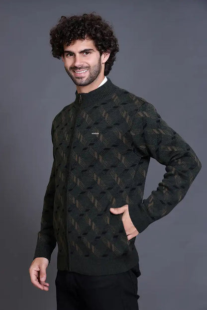 Olive Woolen Mens Zip Sweater Full Sleeve