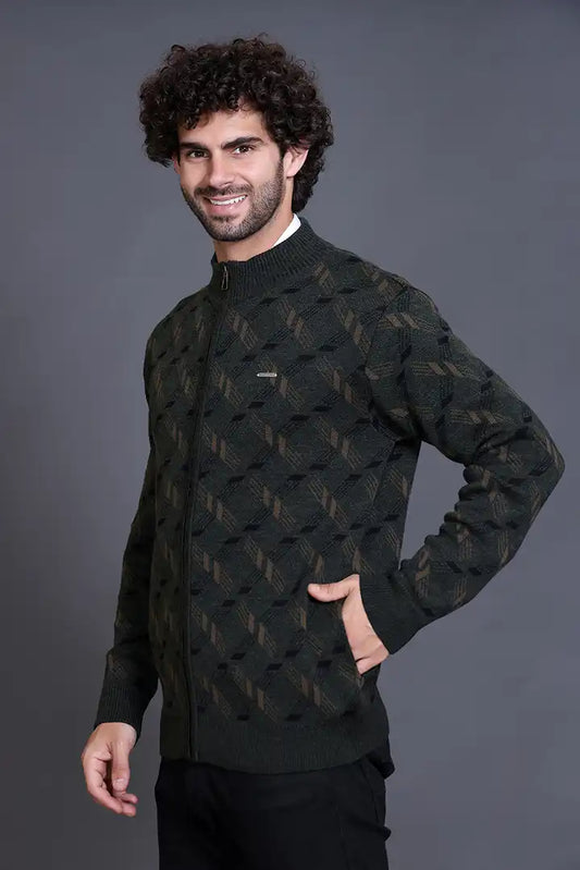 Olive Woolen Mens Zip Sweater Full Sleeve