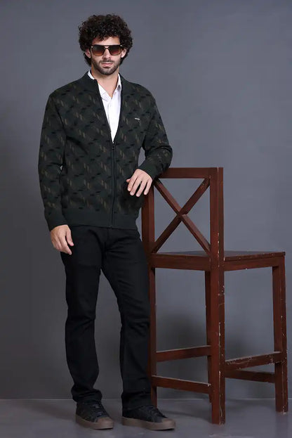 Olive Woolen Mens Zip Sweater Full Sleeve