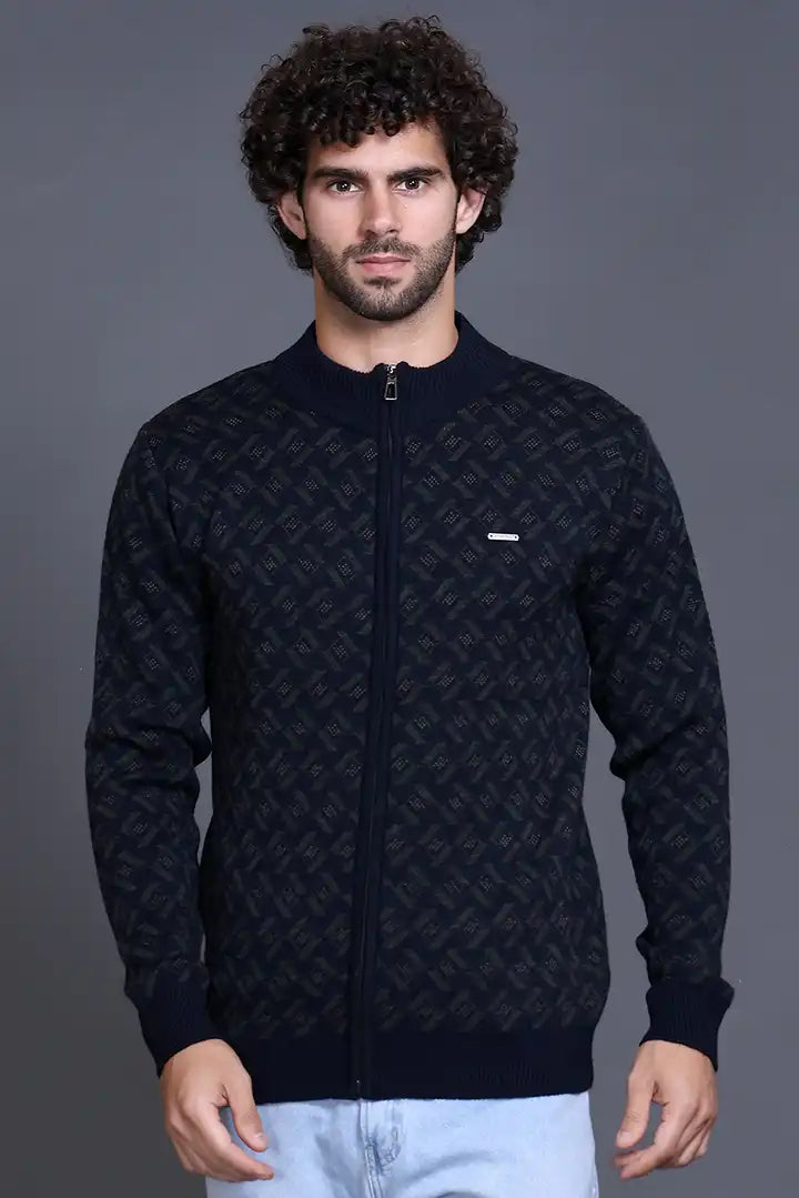Navy Woolen Mens Zip Sweater Full Sleeve