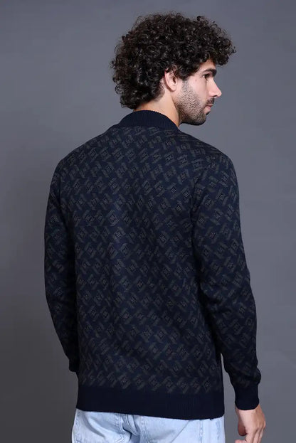 Navy Woolen Mens Zip Sweater Full Sleeve
