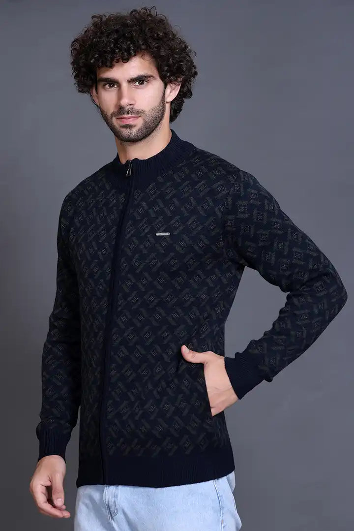 Navy Woolen Mens Zip Sweater Full Sleeve