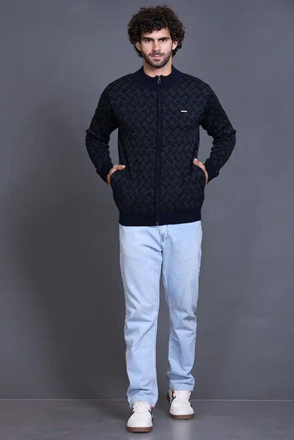 Navy Woolen Mens Zip Sweater Full Sleeve