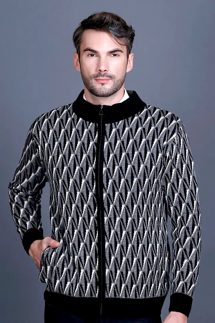 Black Woolen Mens Zip Sweater Full Sleeve