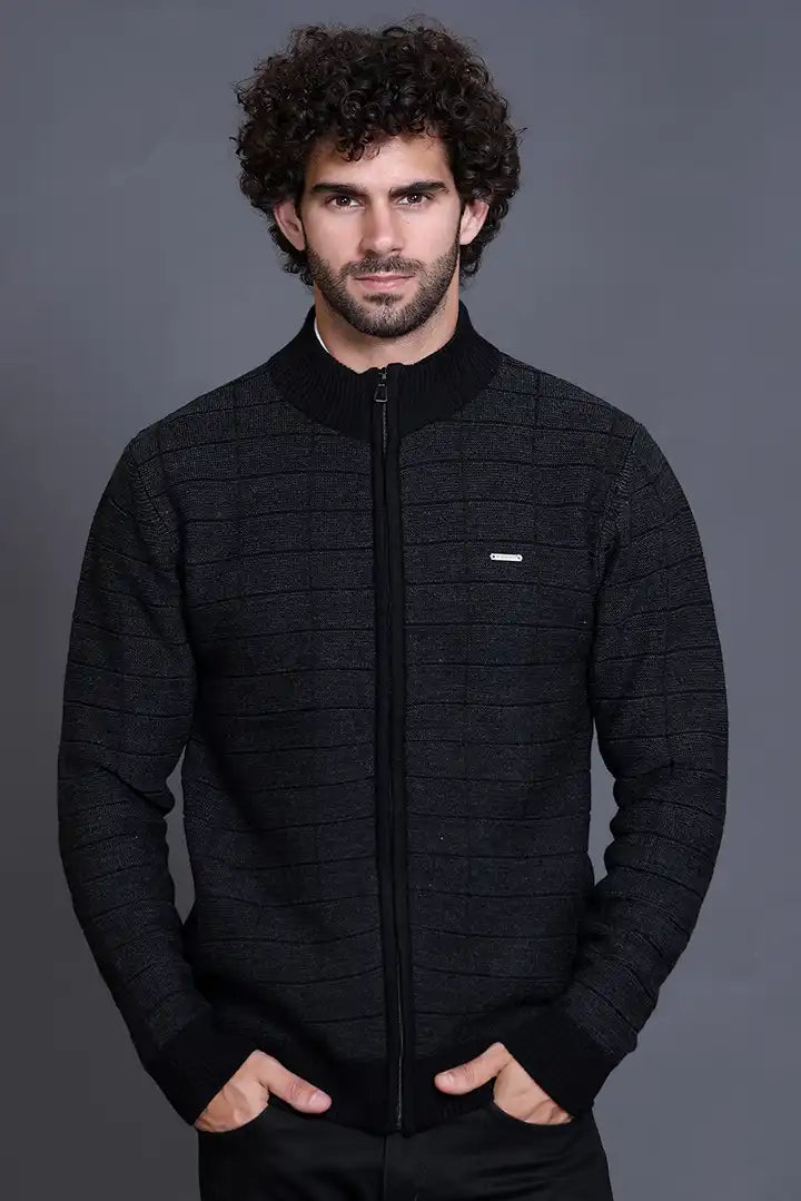 Black Woolen Mens Zip Sweater Full Sleeve