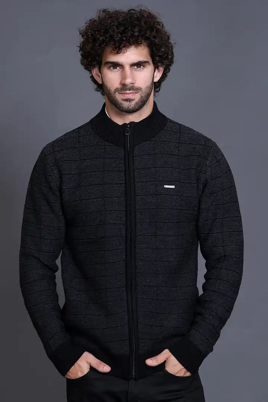 Black Woolen Mens Zip Sweater Full Sleeve