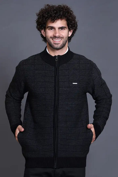 Black Woolen Mens Zip Sweater Full Sleeve