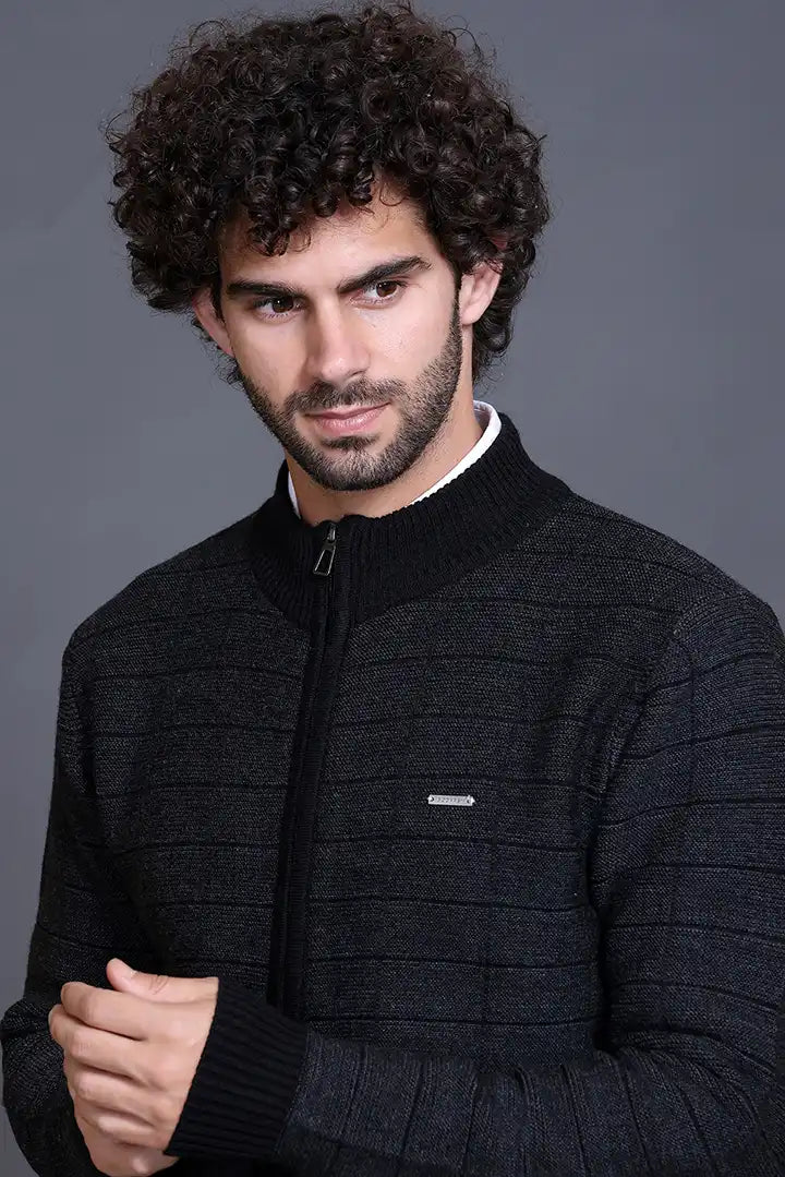 Black Woolen Mens Zip Sweater Full Sleeve