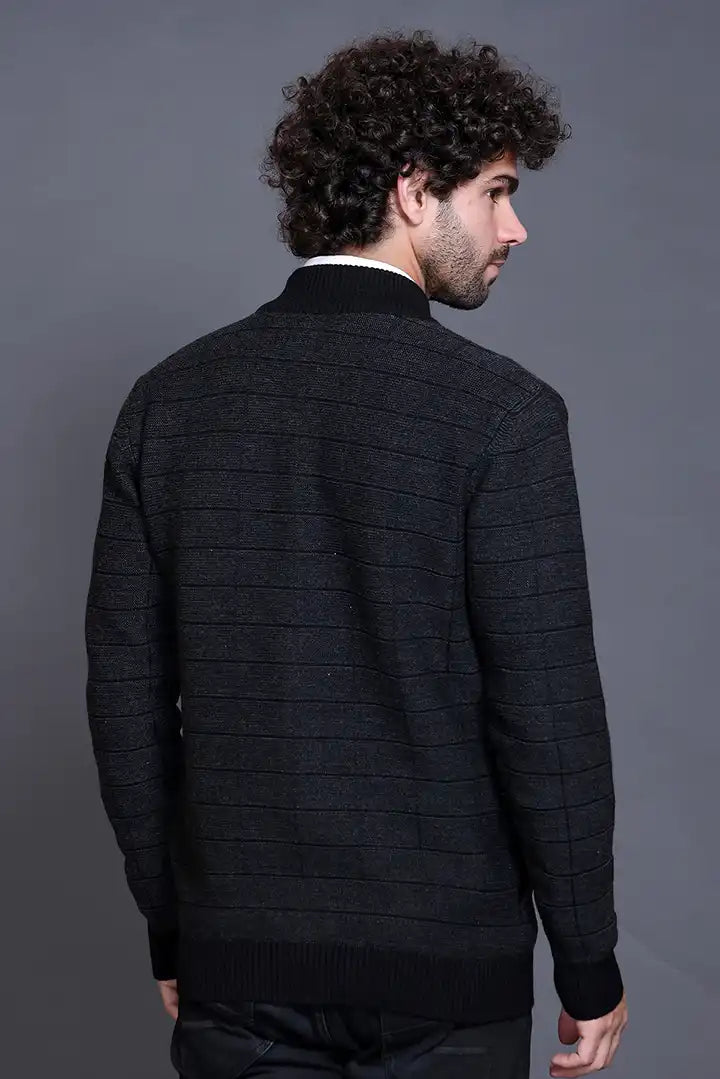 Black Woolen Mens Zip Sweater Full Sleeve