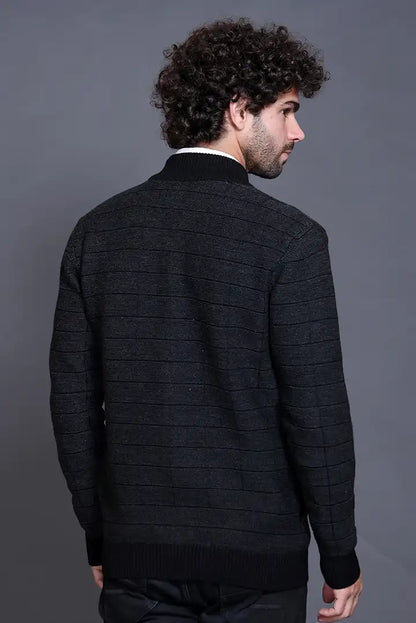 Black Woolen Mens Zip Sweater Full Sleeve