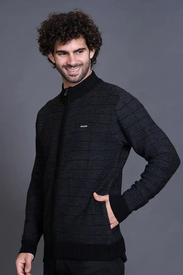 Black Woolen Mens Zip Sweater Full Sleeve