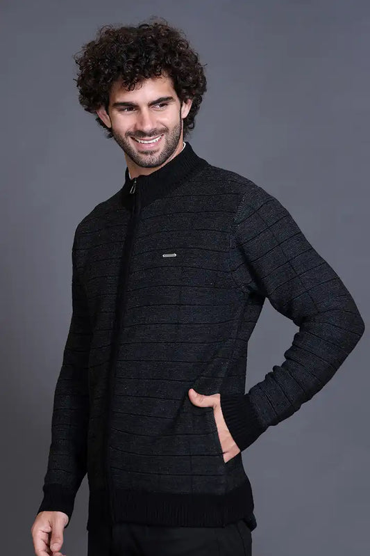 Black Woolen Mens Zip Sweater Full Sleeve