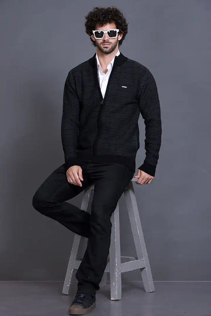 Black Woolen Mens Zip Sweater Full Sleeve