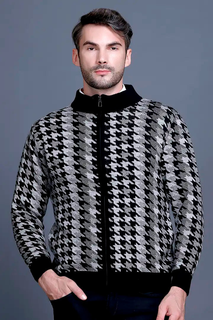 Light Grey Black Woolen Mens Zip Sweater Full Sleeve