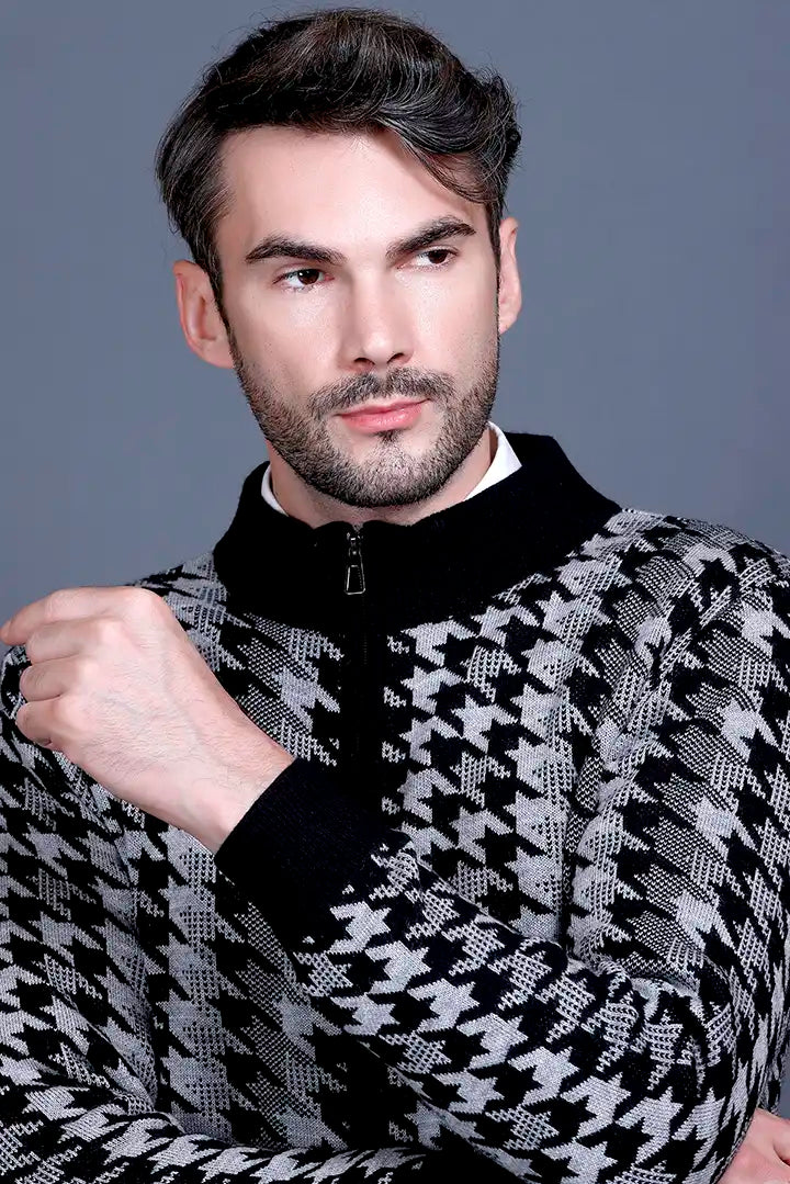 Light Grey Black Woolen Mens Zip Sweater Full Sleeve