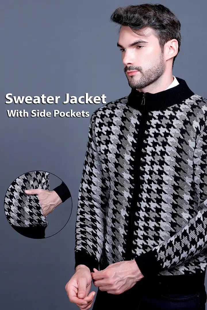 Light Grey Black Woolen Mens Zip Sweater Full Sleeve