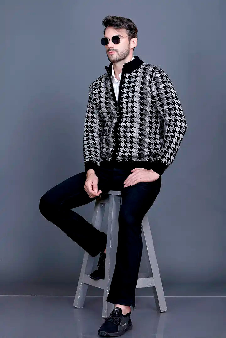 Light Grey Black Woolen Mens Zip Sweater Full Sleeve