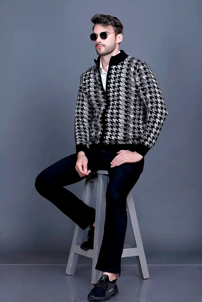 Light Grey Black Woolen Mens Zip Sweater Full Sleeve