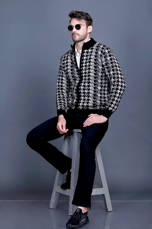 Light Grey Black Woolen Mens Zip Sweater Full Sleeve