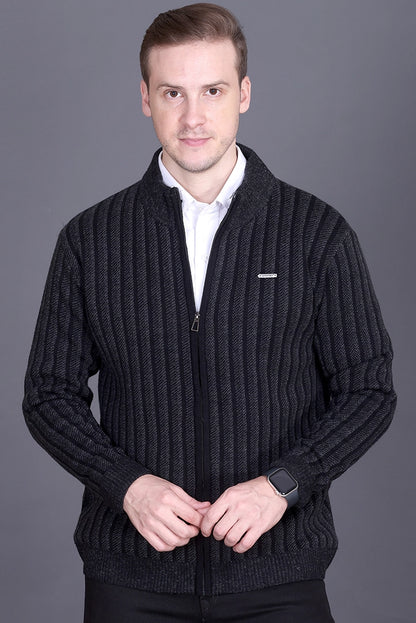 Black Woolen Mens Zip Sweater Full Sleeve