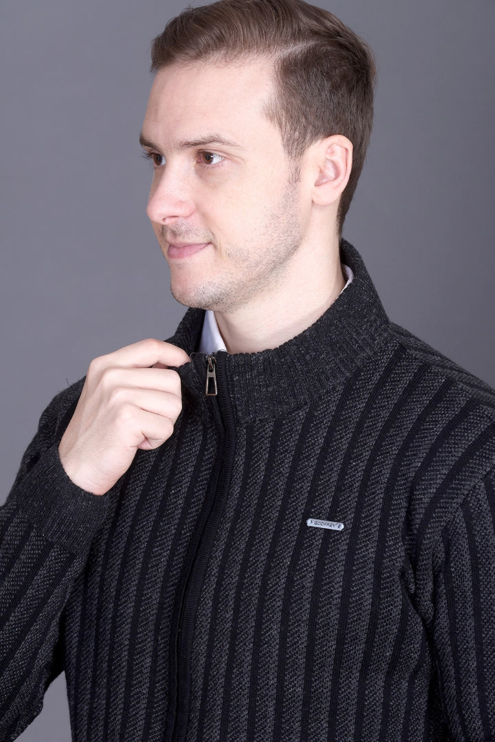 Black Woolen Mens Zip Sweater Full Sleeve