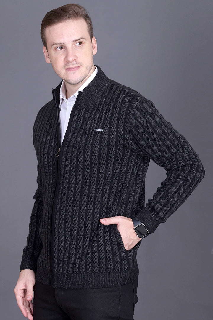 Black Woolen Mens Zip Sweater Full Sleeve