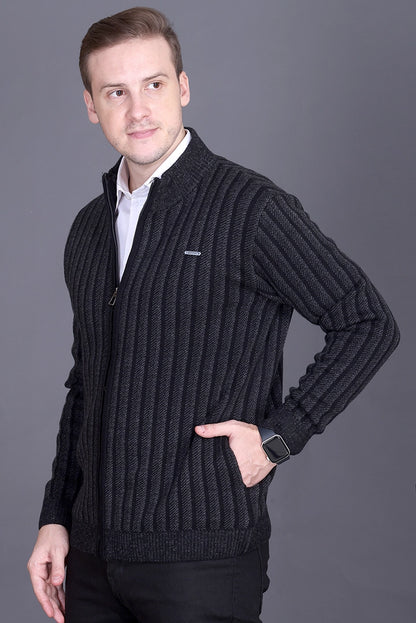 Black Woolen Mens Zip Sweater Full Sleeve
