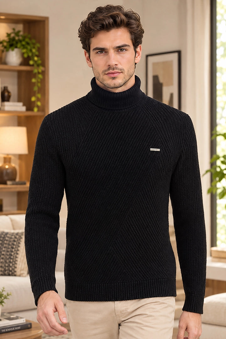 Black Solid Turtle Neck Woollen Pullover