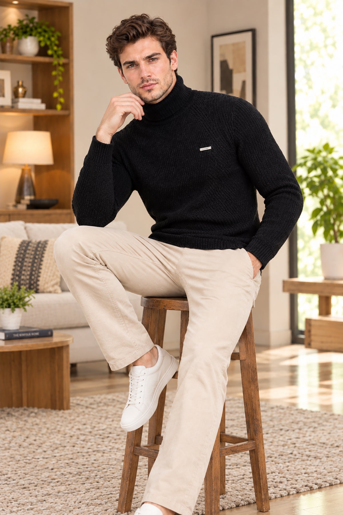 Black Solid Turtle Neck Woollen Pullover