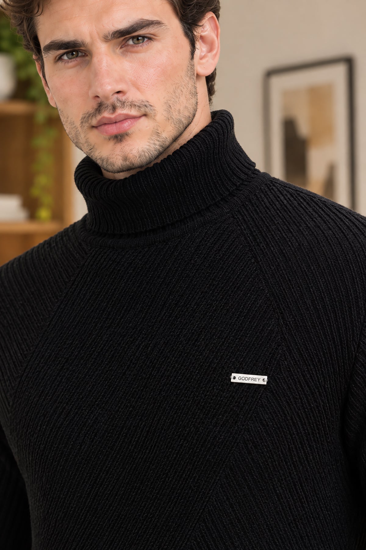 Black Solid Turtle Neck Woollen Pullover