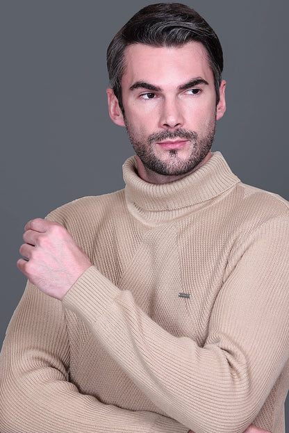 Beige Solid Turtle Neck Woollen Pullover