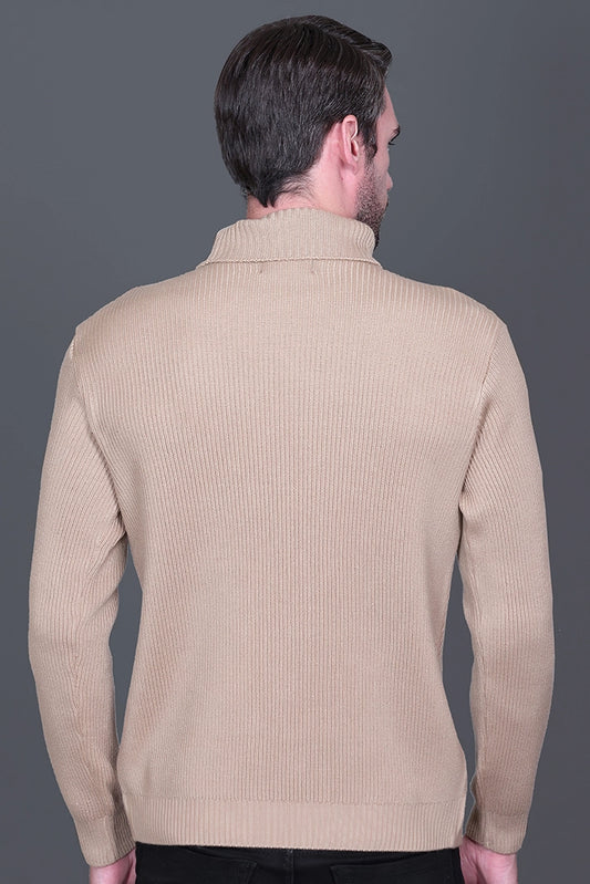 Beige Solid Turtle Neck Woollen Pullover