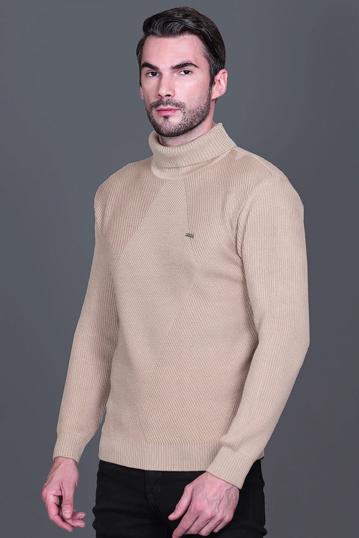 Beige Solid Turtle Neck Woollen Pullover