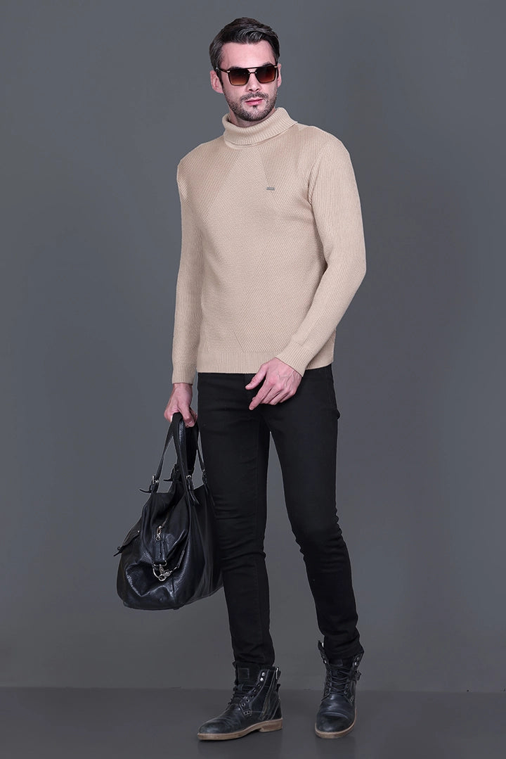 Beige Solid Turtle Neck Woollen Pullover